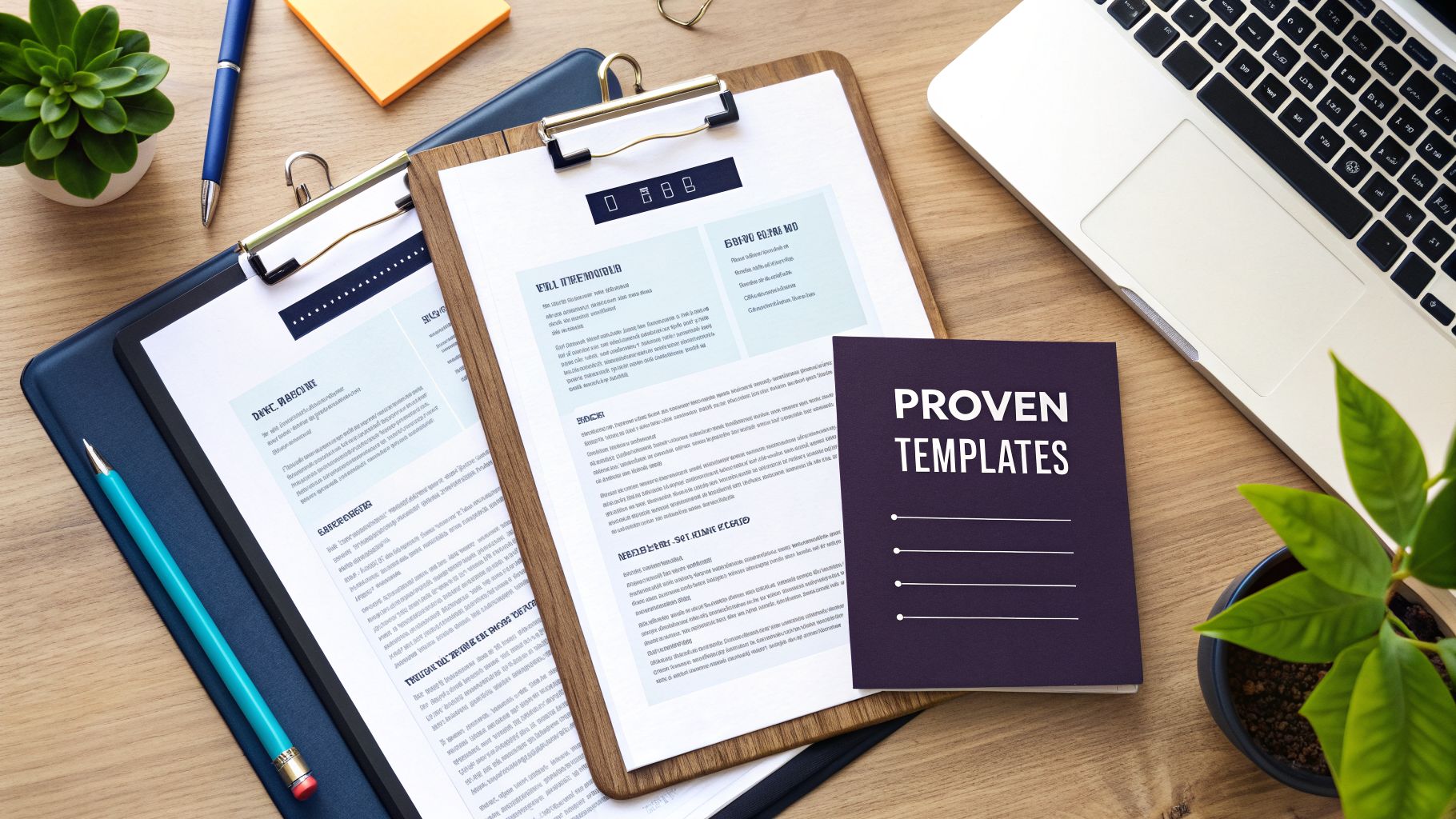 A professional desk flat lay with two resumes on clipboards, a laptop, and a 'Proven Templates' booklet.