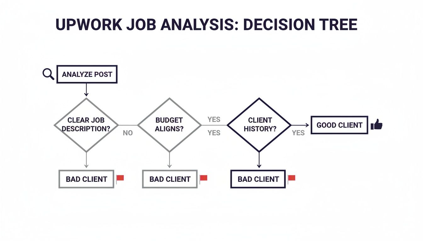 Decision tree for Upwork job analysis, evaluating client quality based on job description, budget, and history.