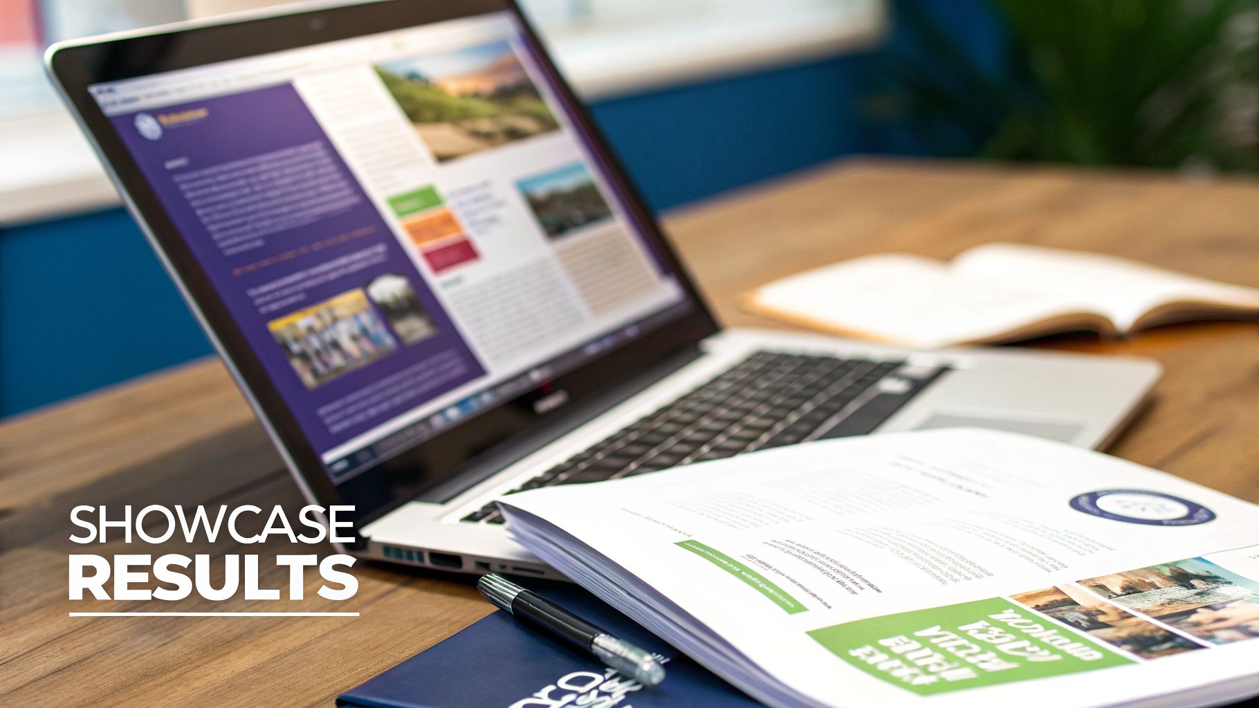 A laptop displaying a website, next to a brochure, pen, and notebook on a wooden desk.