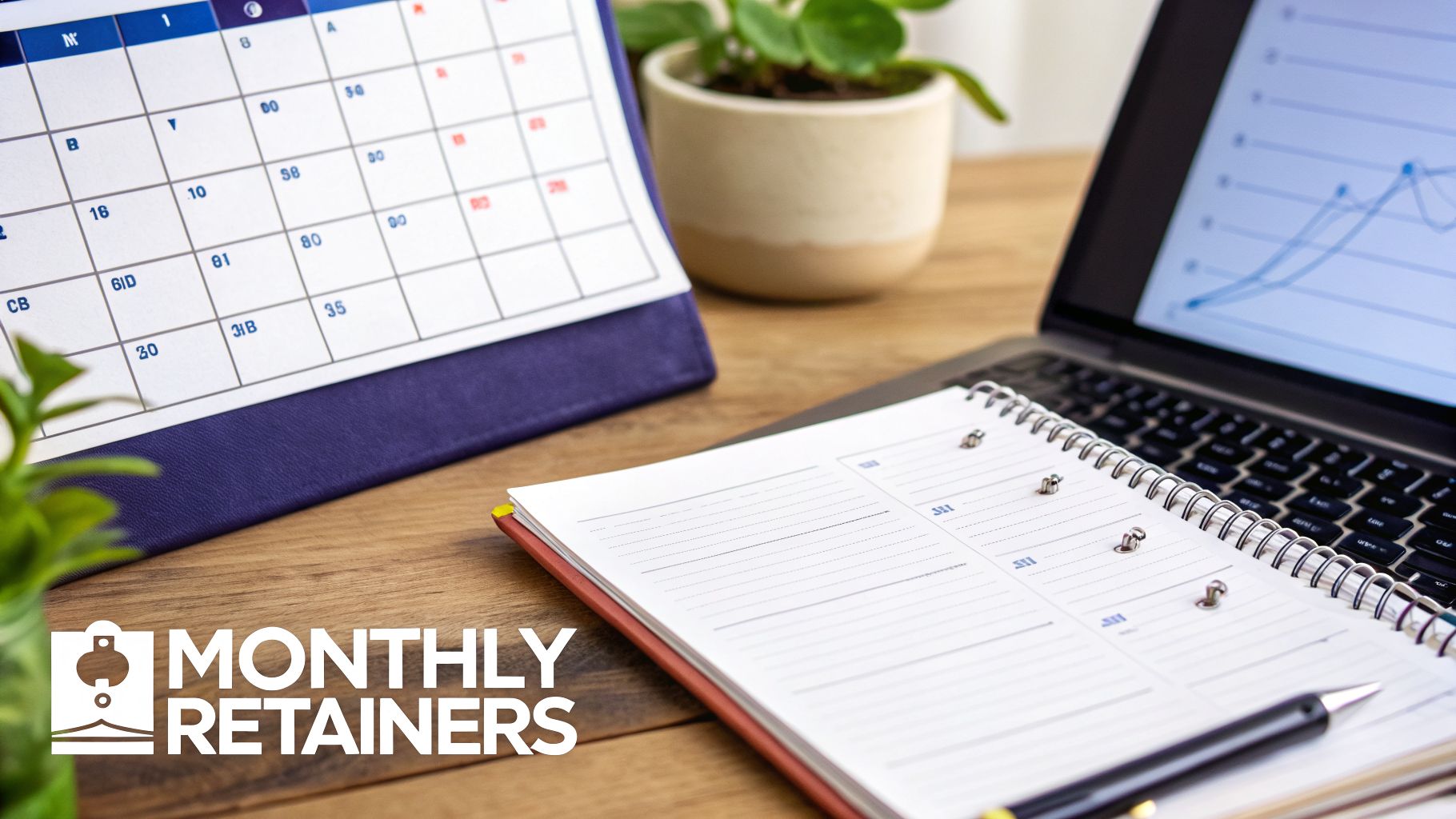 A detailed desk scene with a calendar, laptop, notebook, and a plant, highlighting 'Monthly Retainers'.