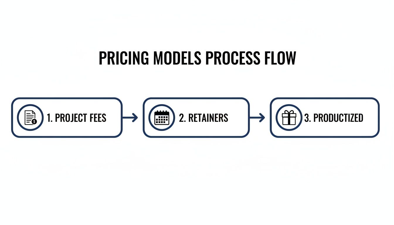 A process flow diagram illustrating three pricing models: Project Fees, Retainers, and Productized services.