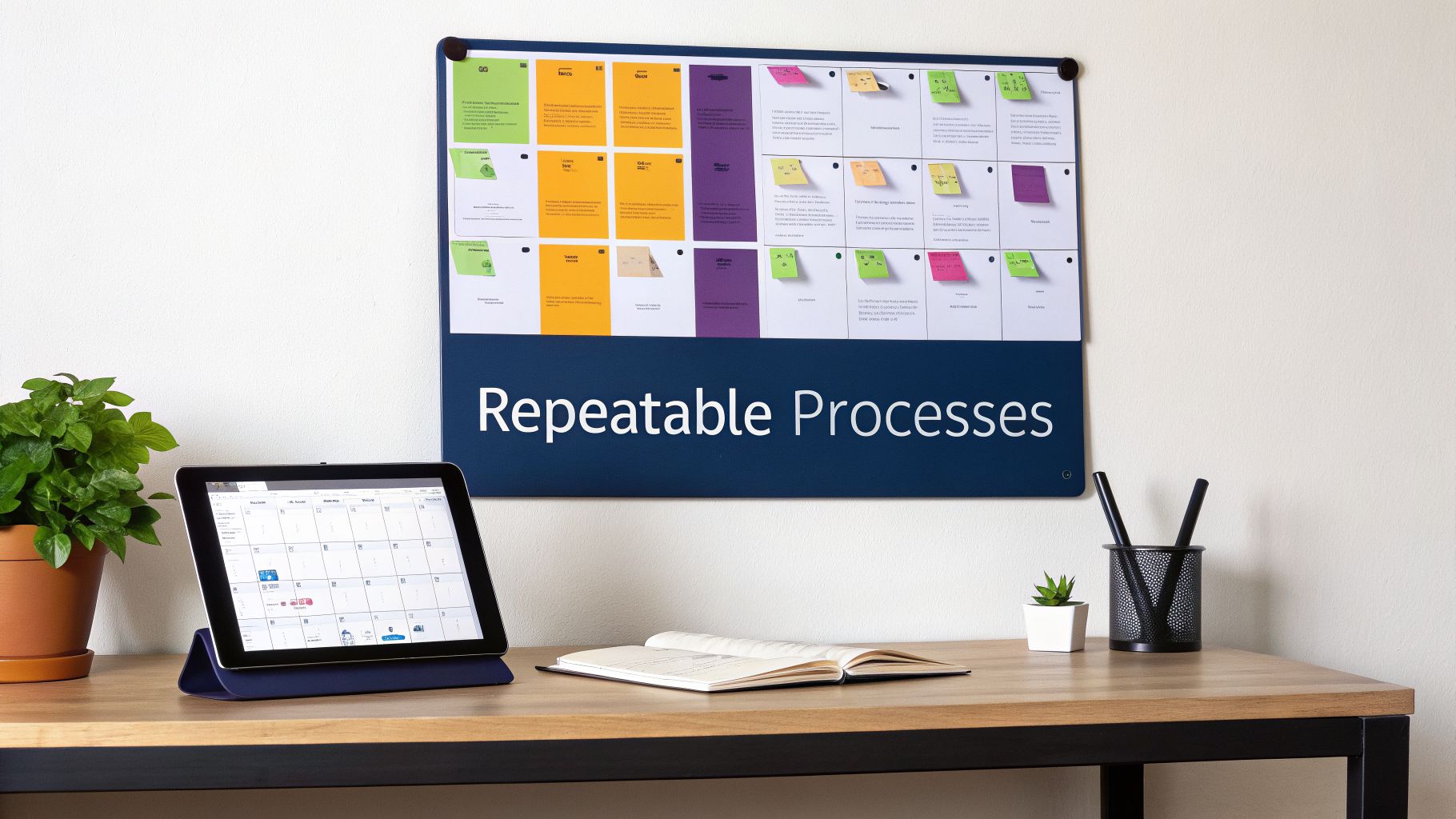 Organized workspace with a tablet showing a calendar and a wall board for repeatable processes.