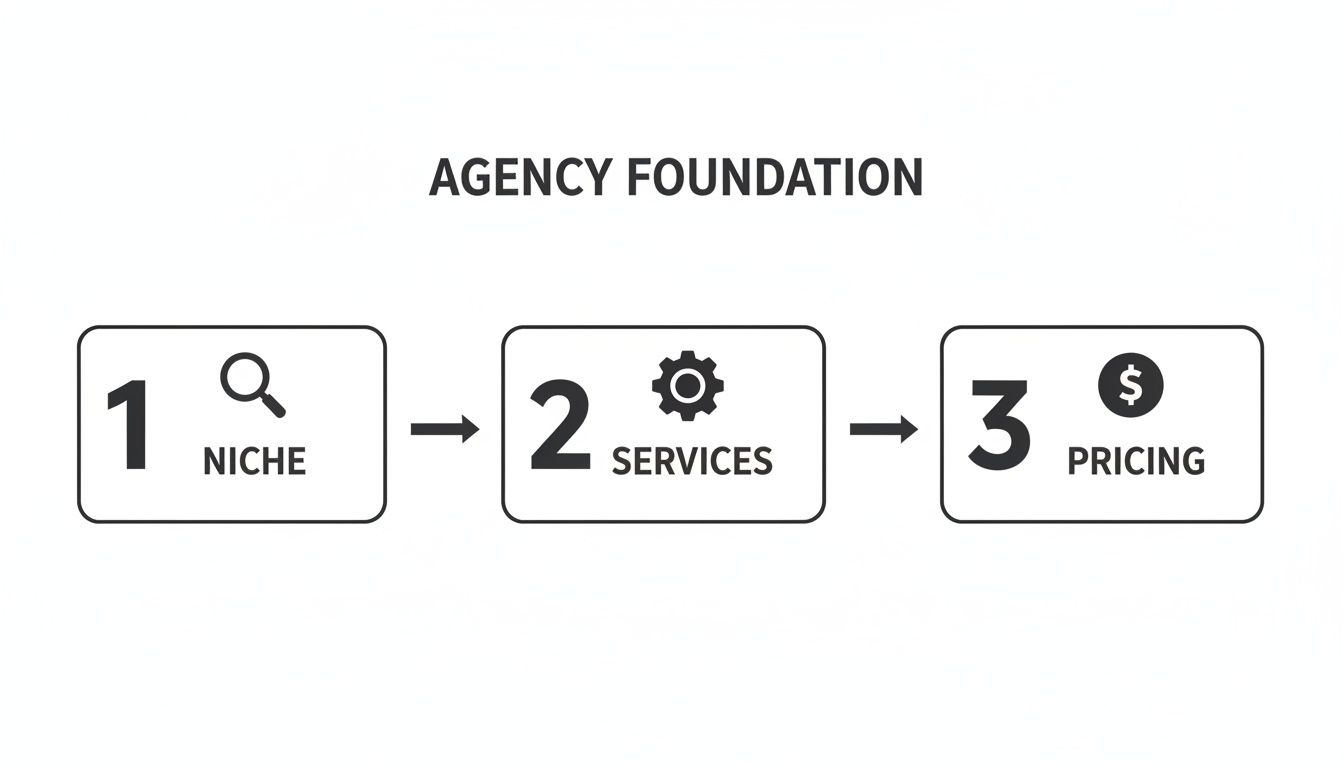 A three-step diagram showing the agency foundation: Niche, Services, and Pricing.