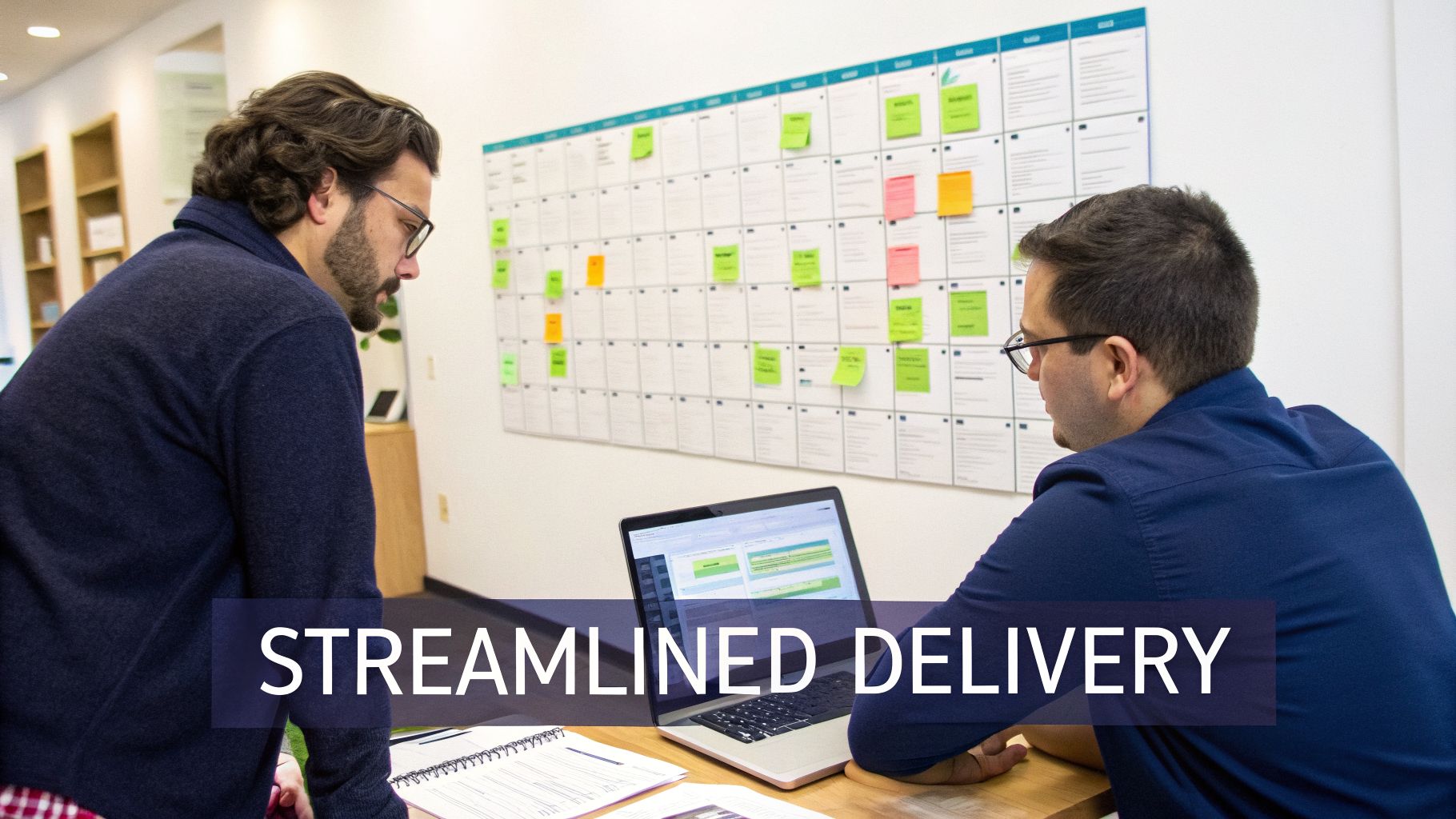 Two men collaborate in an office, one using a laptop, the other standing, with a planning board behind them.