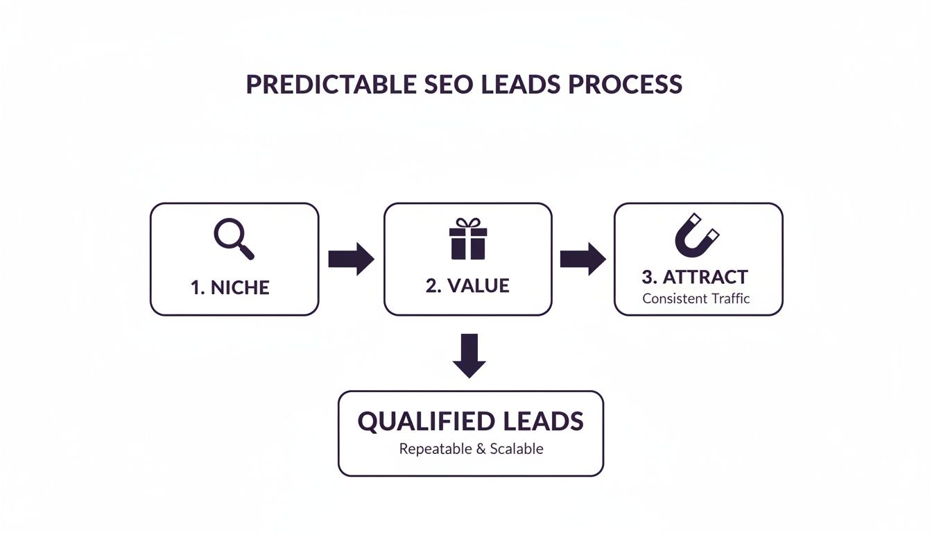 Diagram outlines the predictable SEO leads process, detailing steps for attracting and generating qualified leads.