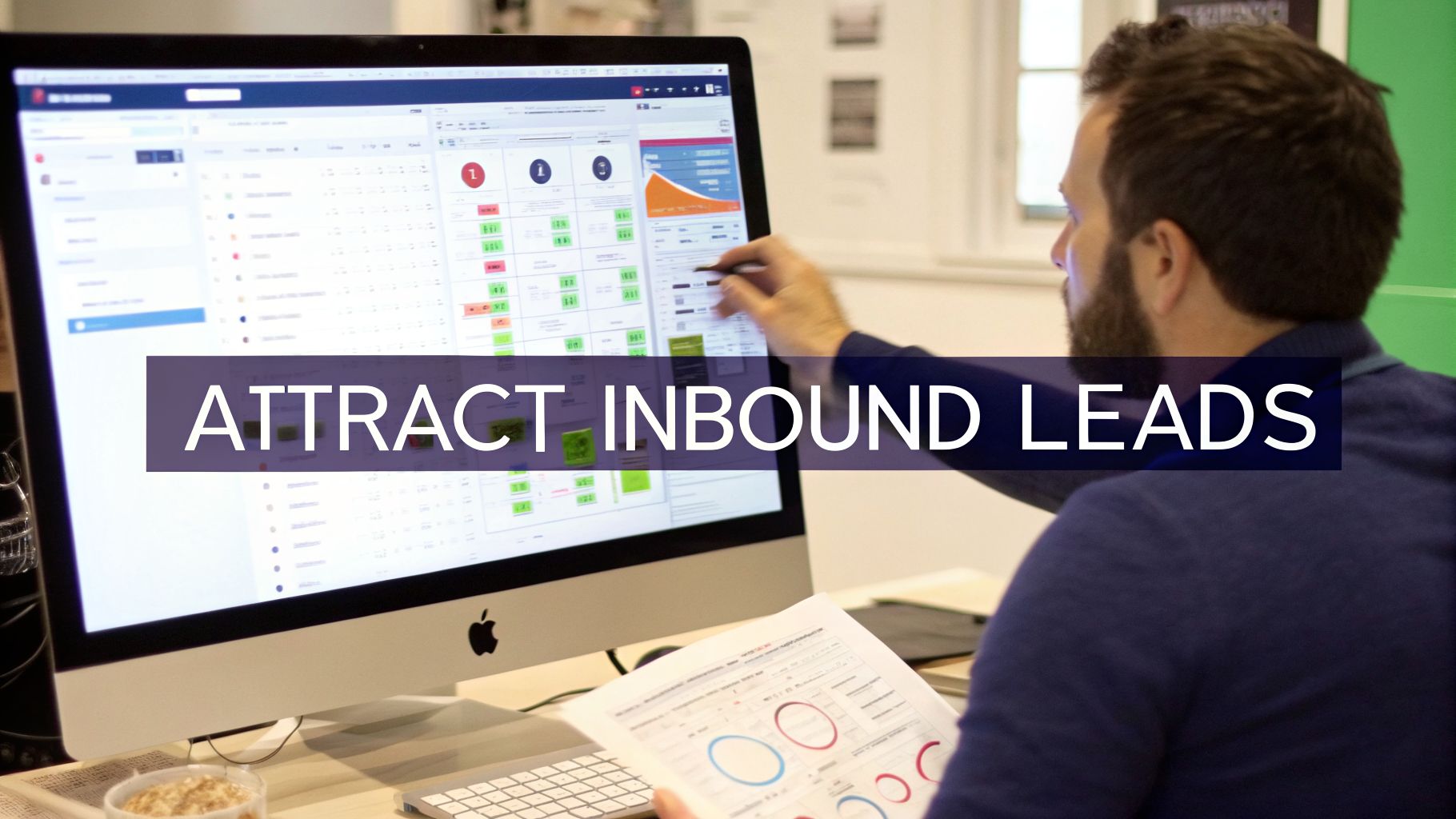 A man pointing at a computer screen displaying charts and data, holding a document.