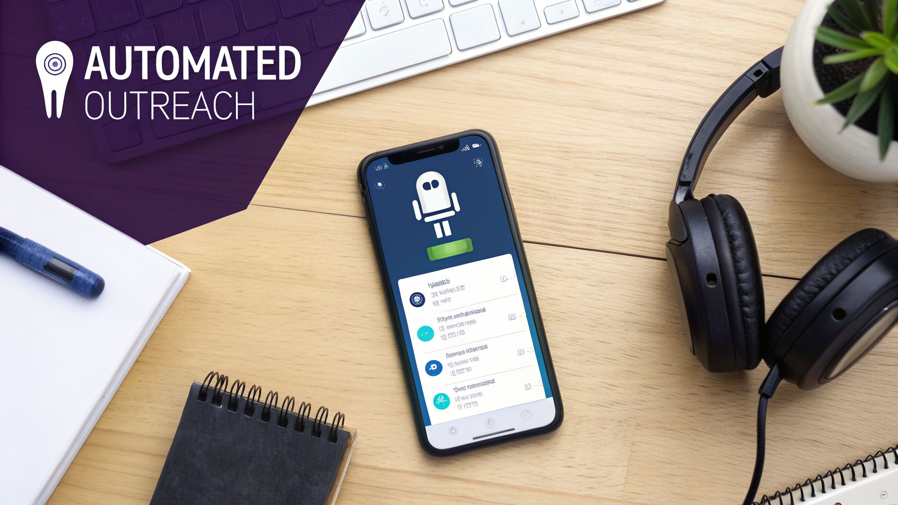 Desk workspace with a smartphone displaying an 'Automated Outreach' app, keyboard, headphones, and notebooks.
