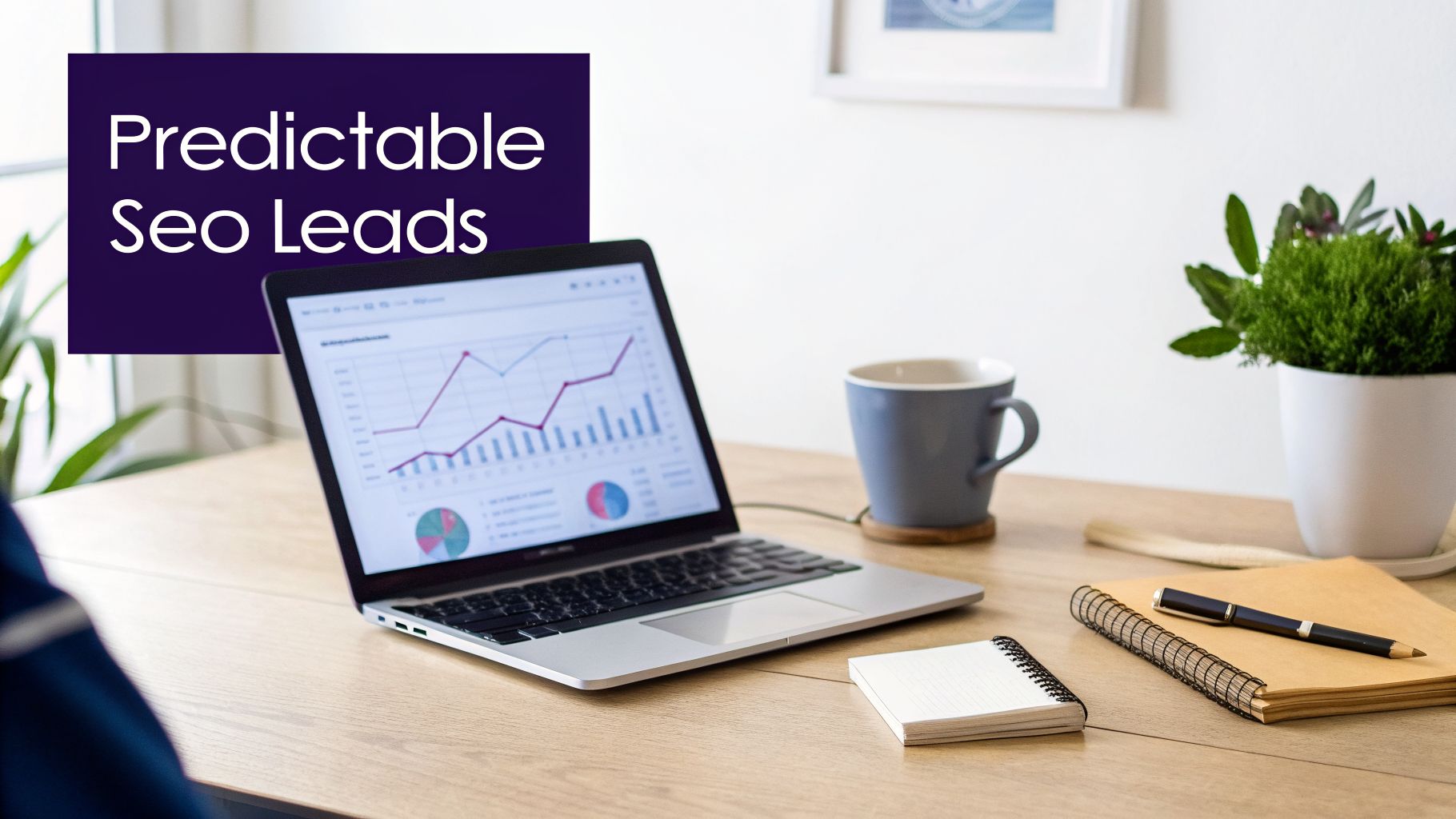 A laptop on a wooden desk displays SEO performance graphs with a coffee mug and notebooks nearby.