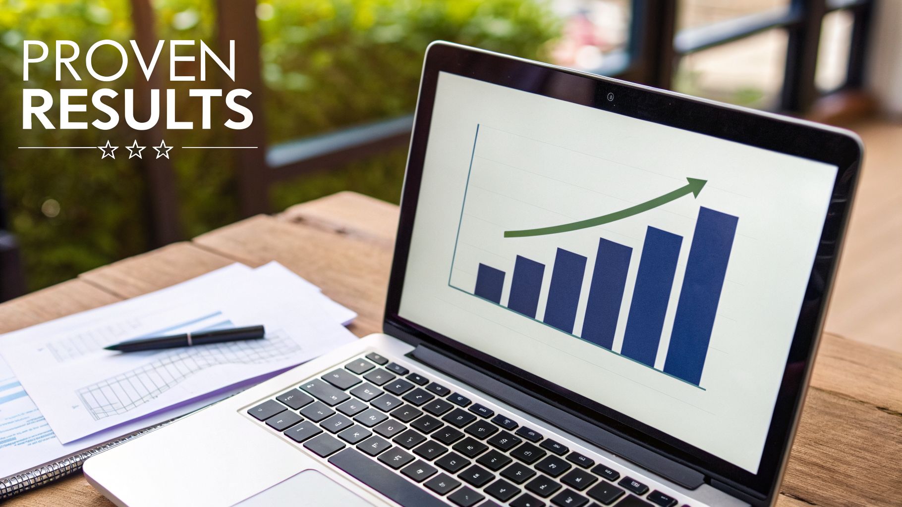 A laptop on a wooden table displays a bar graph with an upward trend, next to documents.