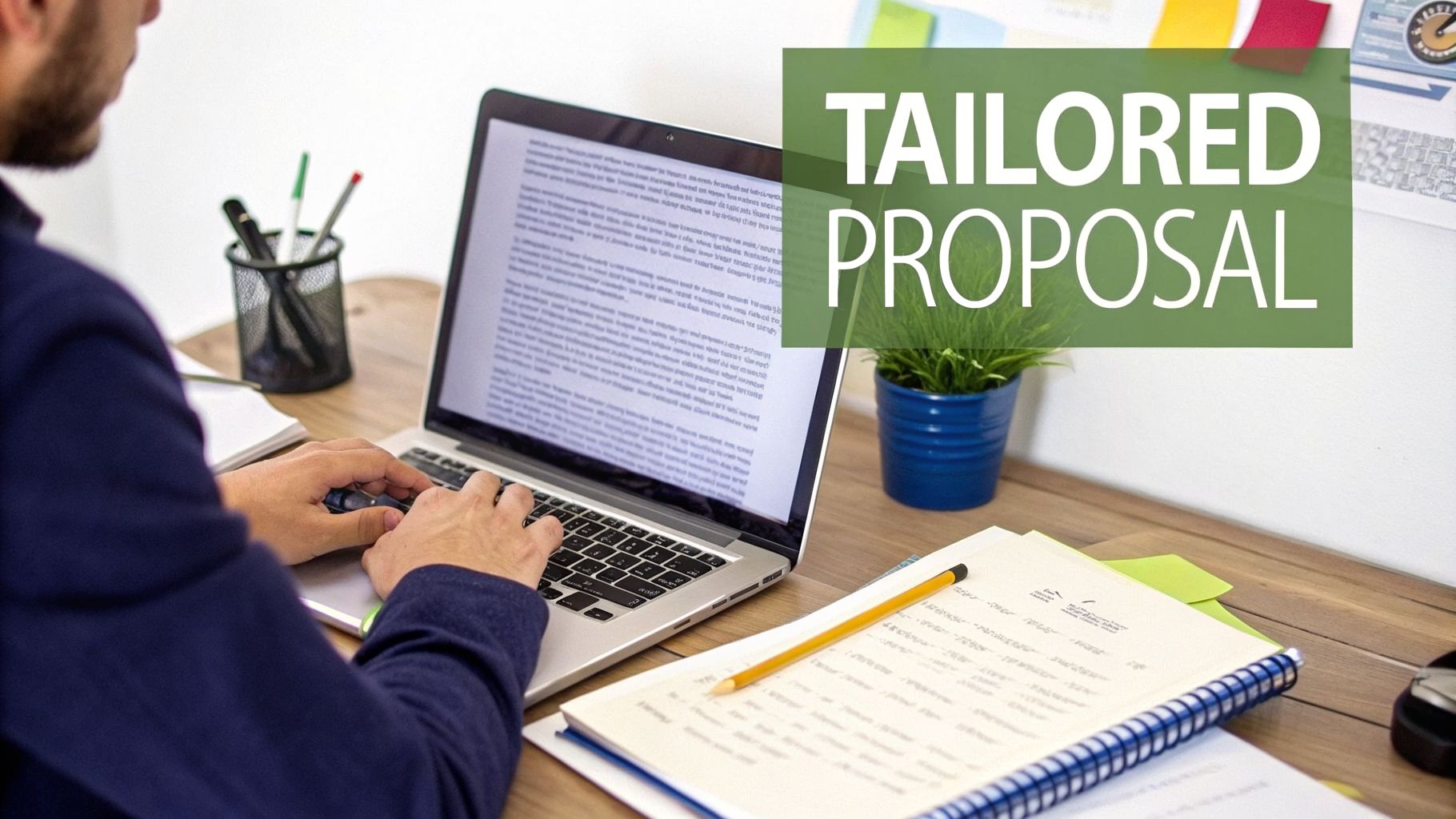A person typing on a laptop at a wooden desk, with a green overlay displaying 'TAILORED PROPOSAL'.