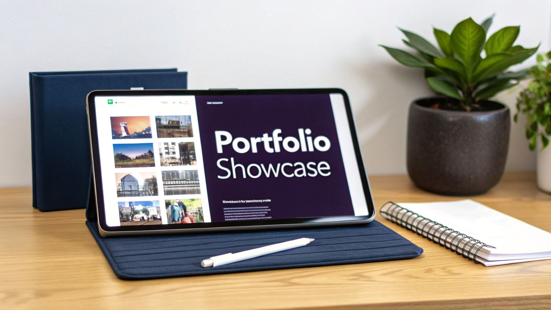 A tablet displaying a 'Portfolio Showcase' with images, a stylus, and office supplies on a wooden desk.