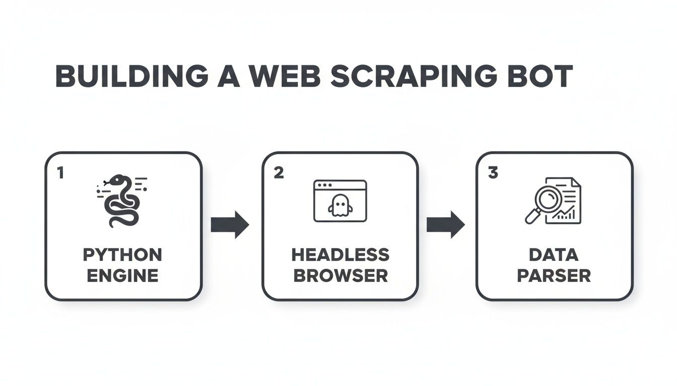 A diagram illustrating the three steps to building a web scraping bot: Python Engine, Headless Browser, and Data Parser.