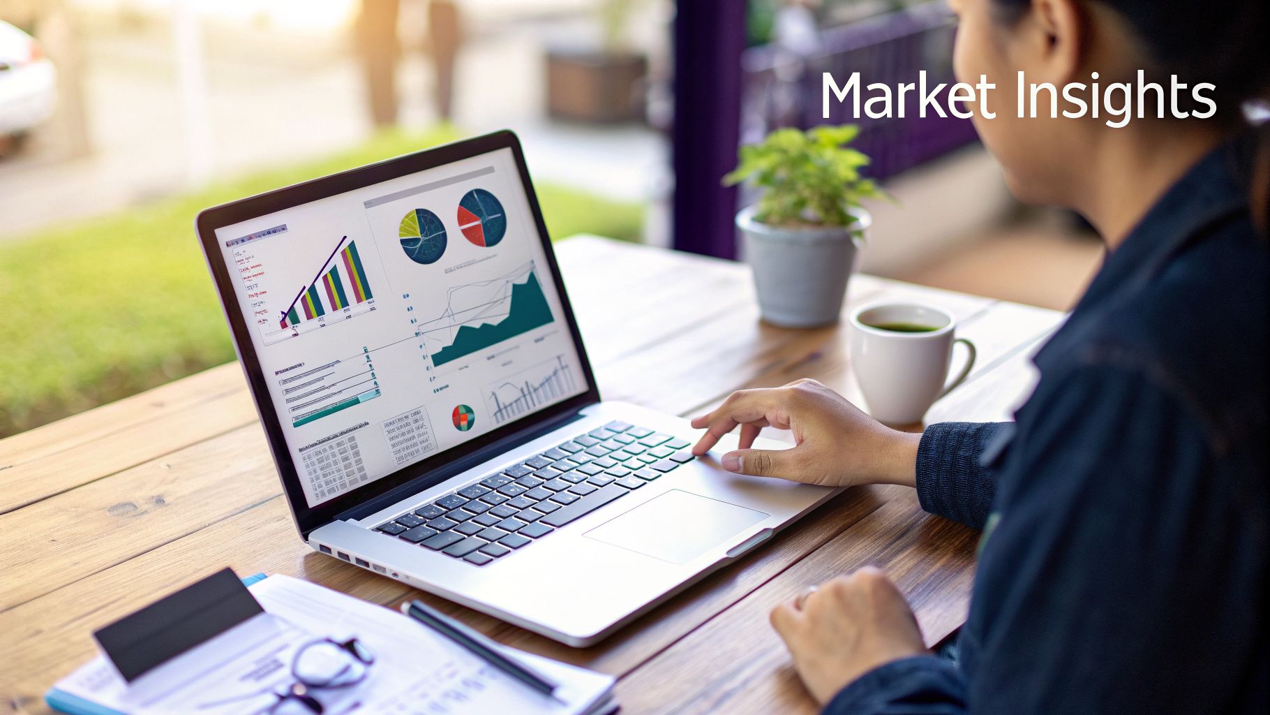 A person analyzing market insights on a laptop screen displaying charts and graphs.