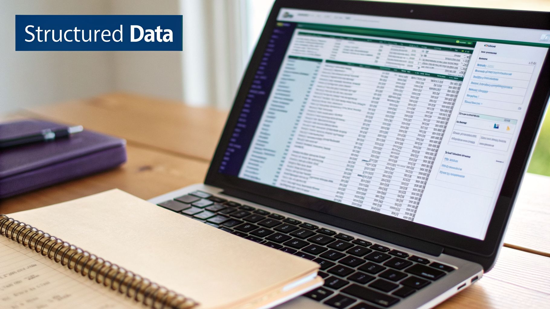 A laptop displays structured data on its screen with a notebook and pen on a wooden desk.