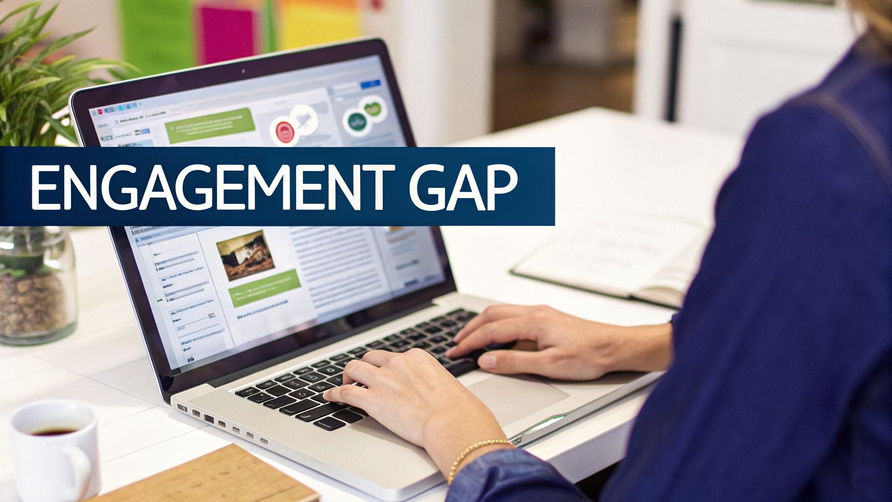 Person typing on a laptop with 'Engagement Gap' text overlay, illustrating a business challenge.