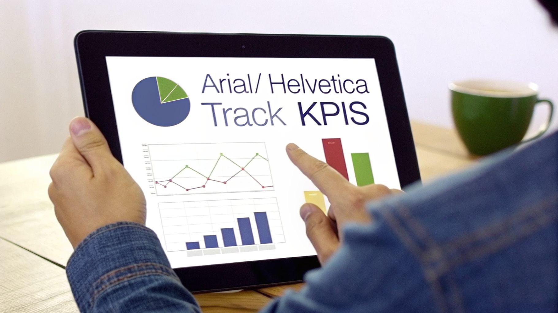 Person interacting with a tablet displaying business charts, graphs, and 'Track KPIs' text for data analysis.