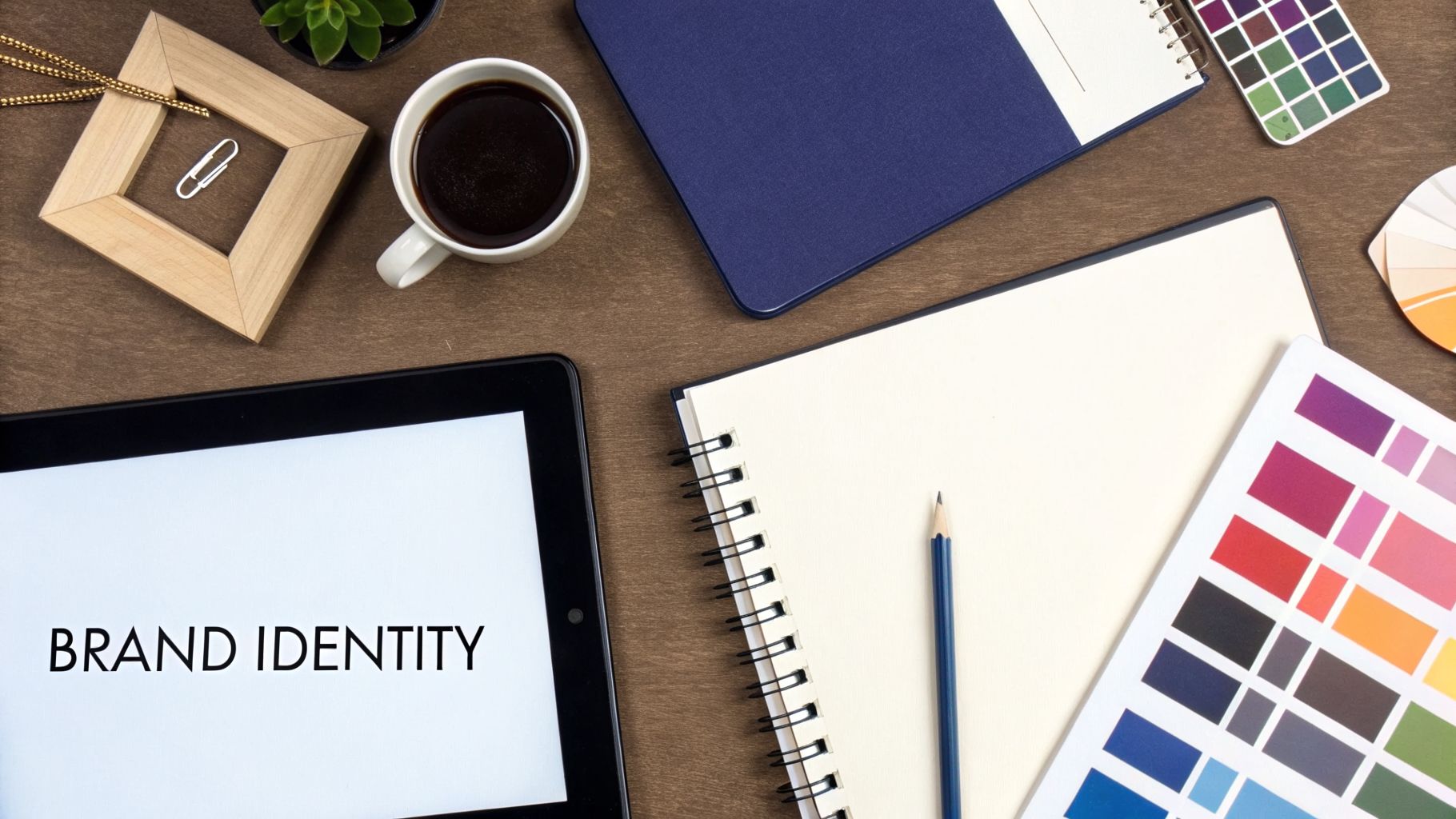Overhead view of a designer's desk with a tablet displaying "BRAND IDENTITY", color swatches, and notebooks.