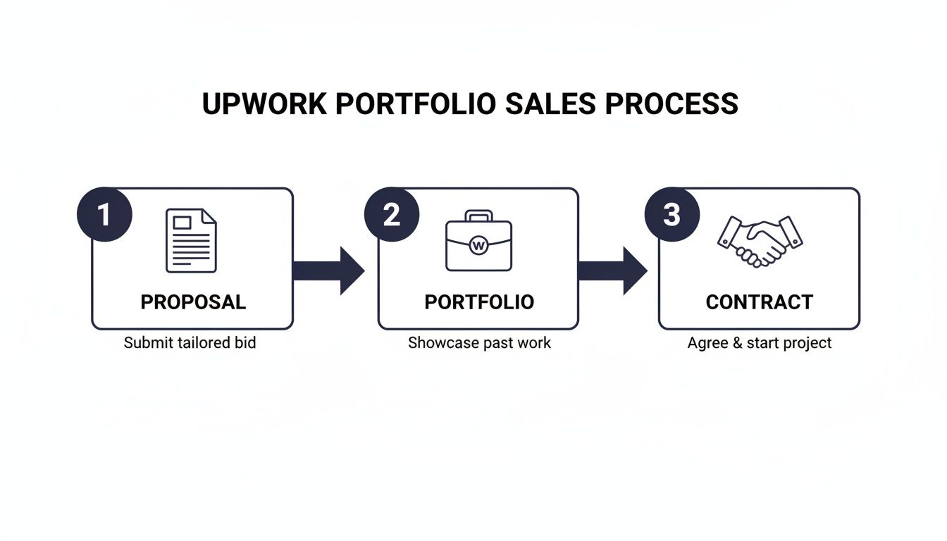 A flowchart detailing the Upwork portfolio sales process with three steps: Proposal, Portfolio, and Contract.