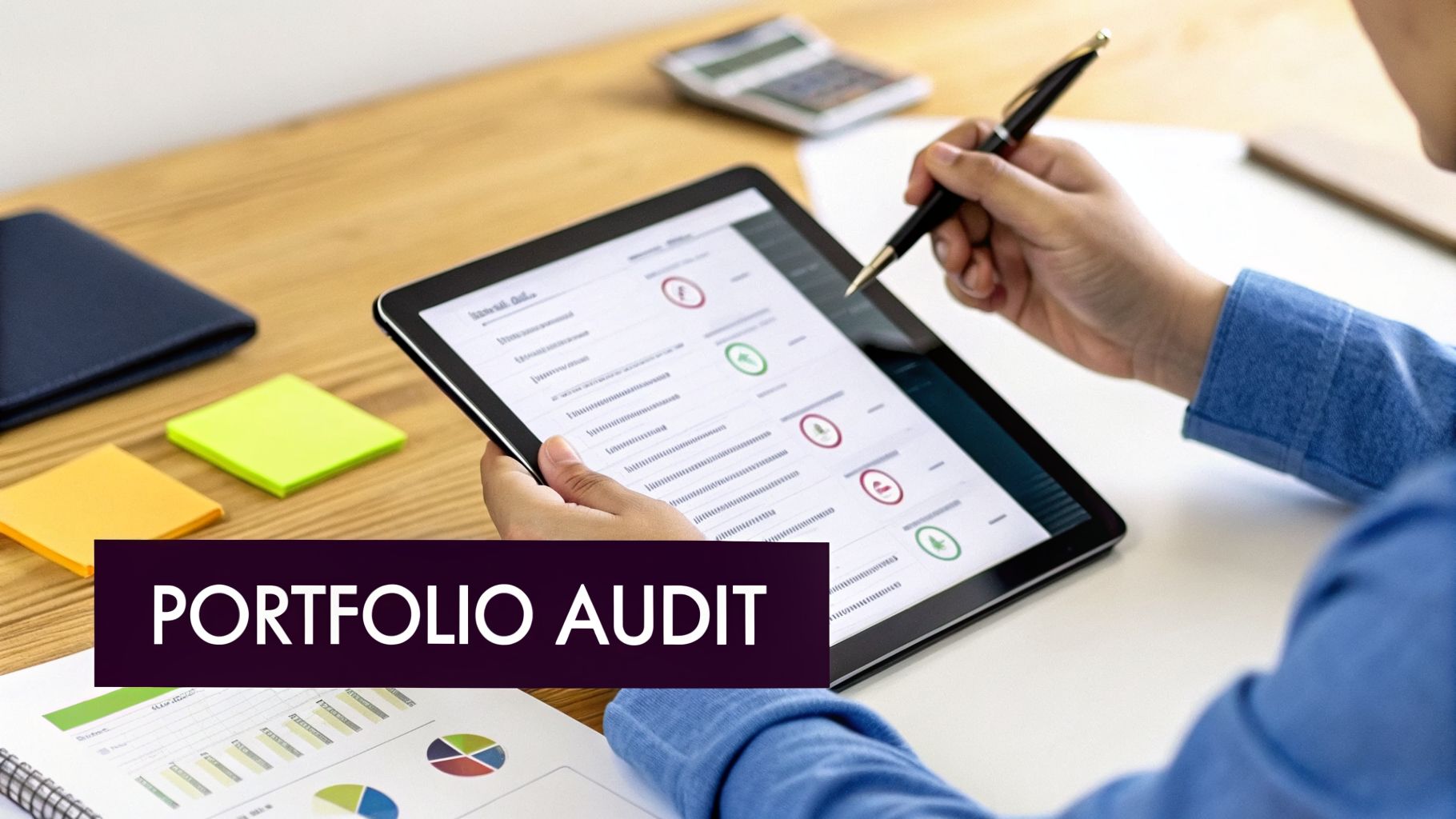 Person conducting a portfolio audit, reviewing data on a tablet with a stylus, alongside charts and a calculator.