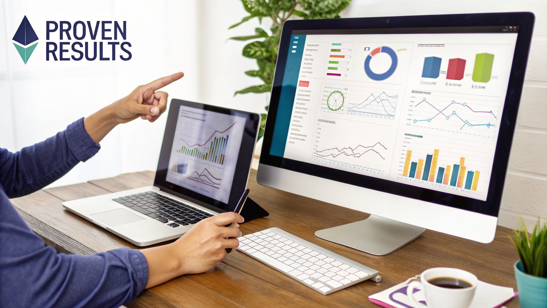 A person pointing at a laptop and monitor displaying business data, charts, and graphs for analysis.