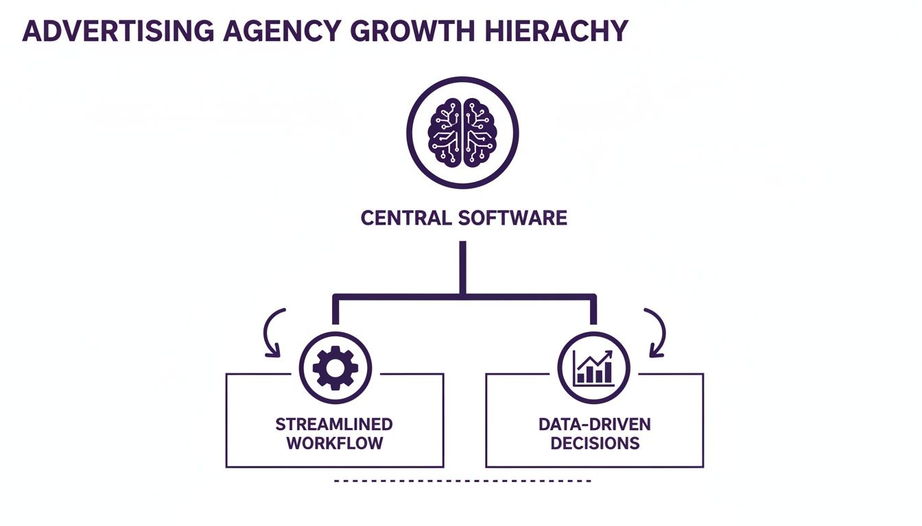 Hierarchy diagram showing central software enabling streamlined workflow and data-driven decisions for advertising agency growth.