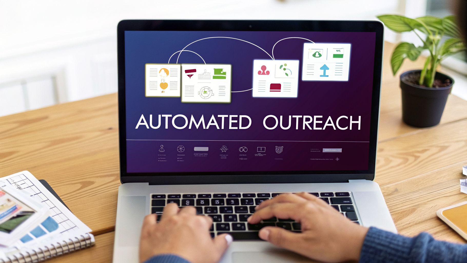 A person types on a laptop displaying 'AUTOMATED OUTREACH' with workflow diagrams.