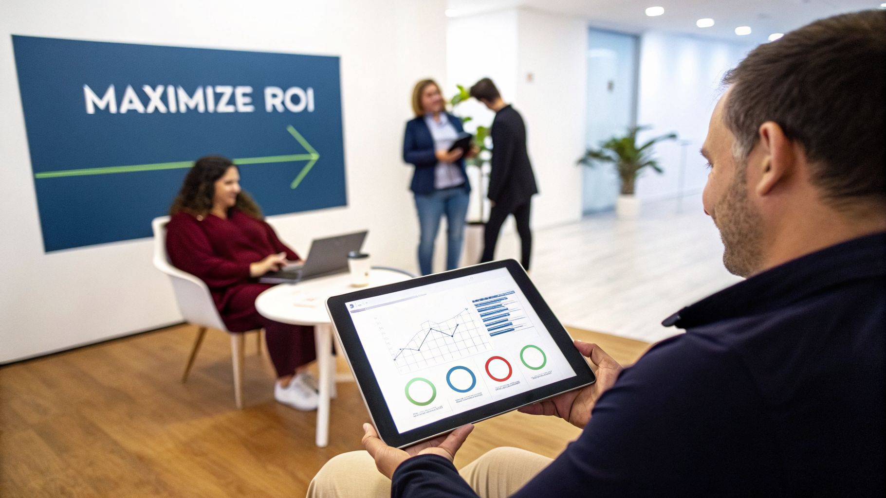A man analyzing business data on a tablet in an office with colleagues and a 'MAXIMIZE ROI' sign.