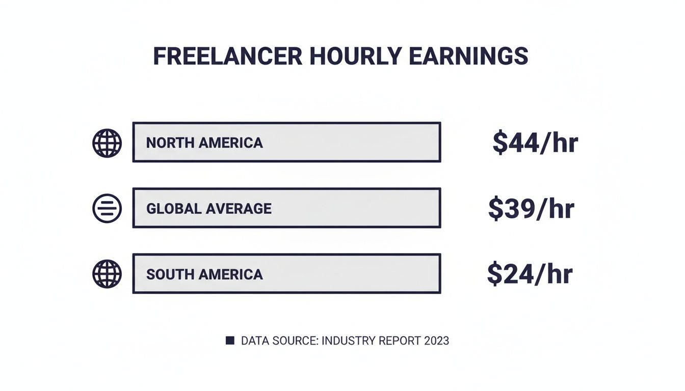 A chart shows freelancer hourly earnings: North America $44/hr, Global Average $39/hr, South America $24/hr.