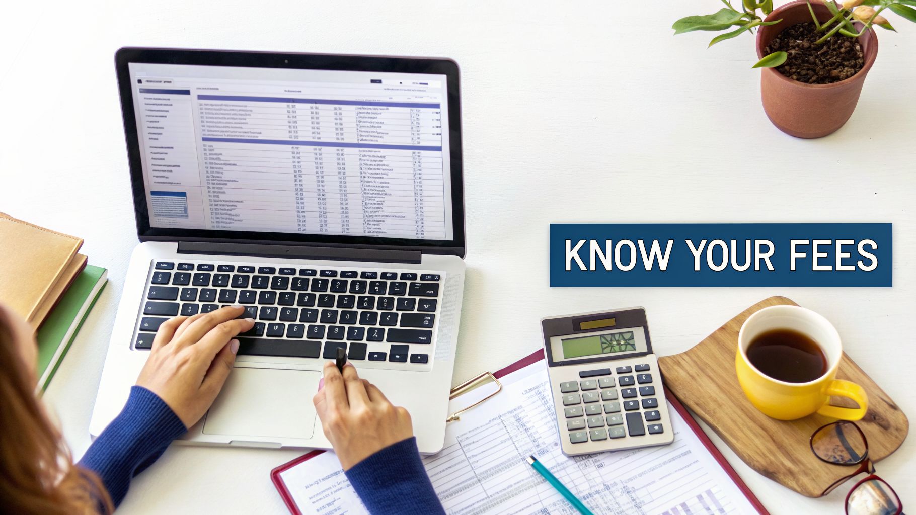Overhead view of a person typing on a laptop with calculator, coffee, and 'KNOW YOUR FEES' banner.