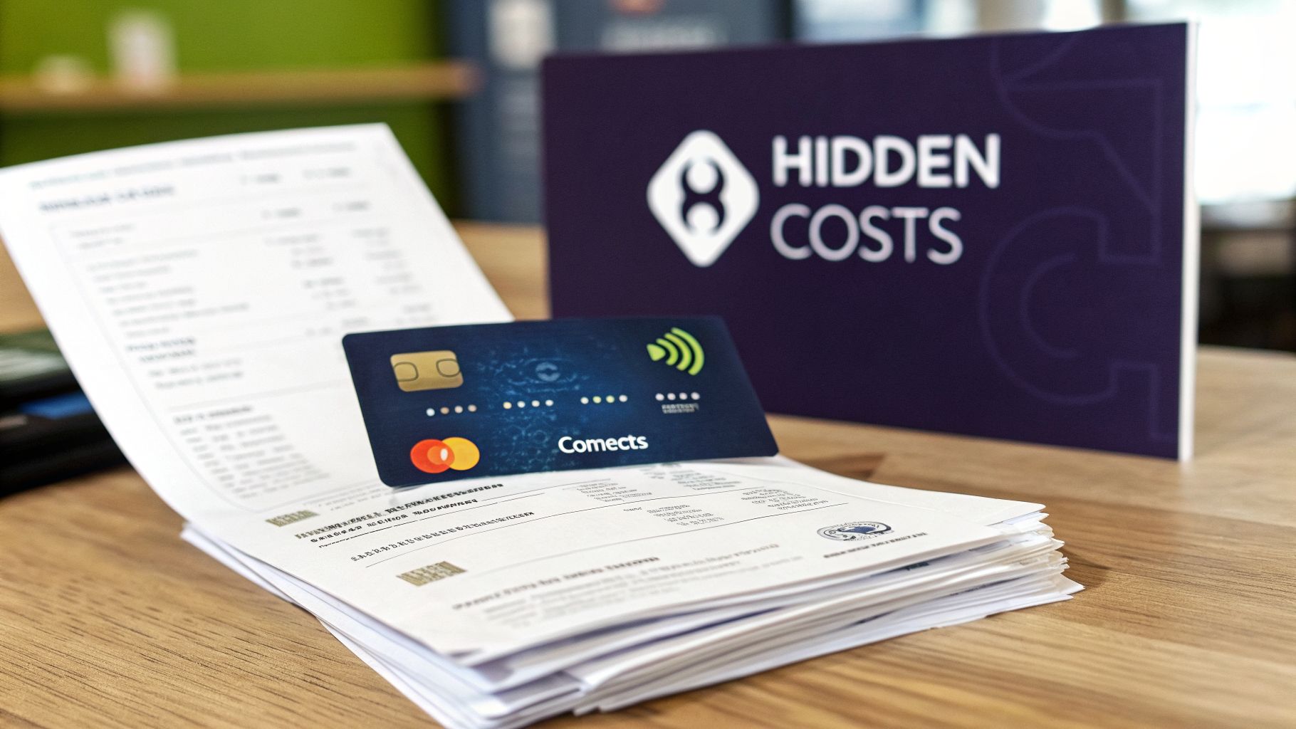 A Comects Mastercard credit card rests on a stack of financial bills, with a 'Hidden Costs' sign in the background.