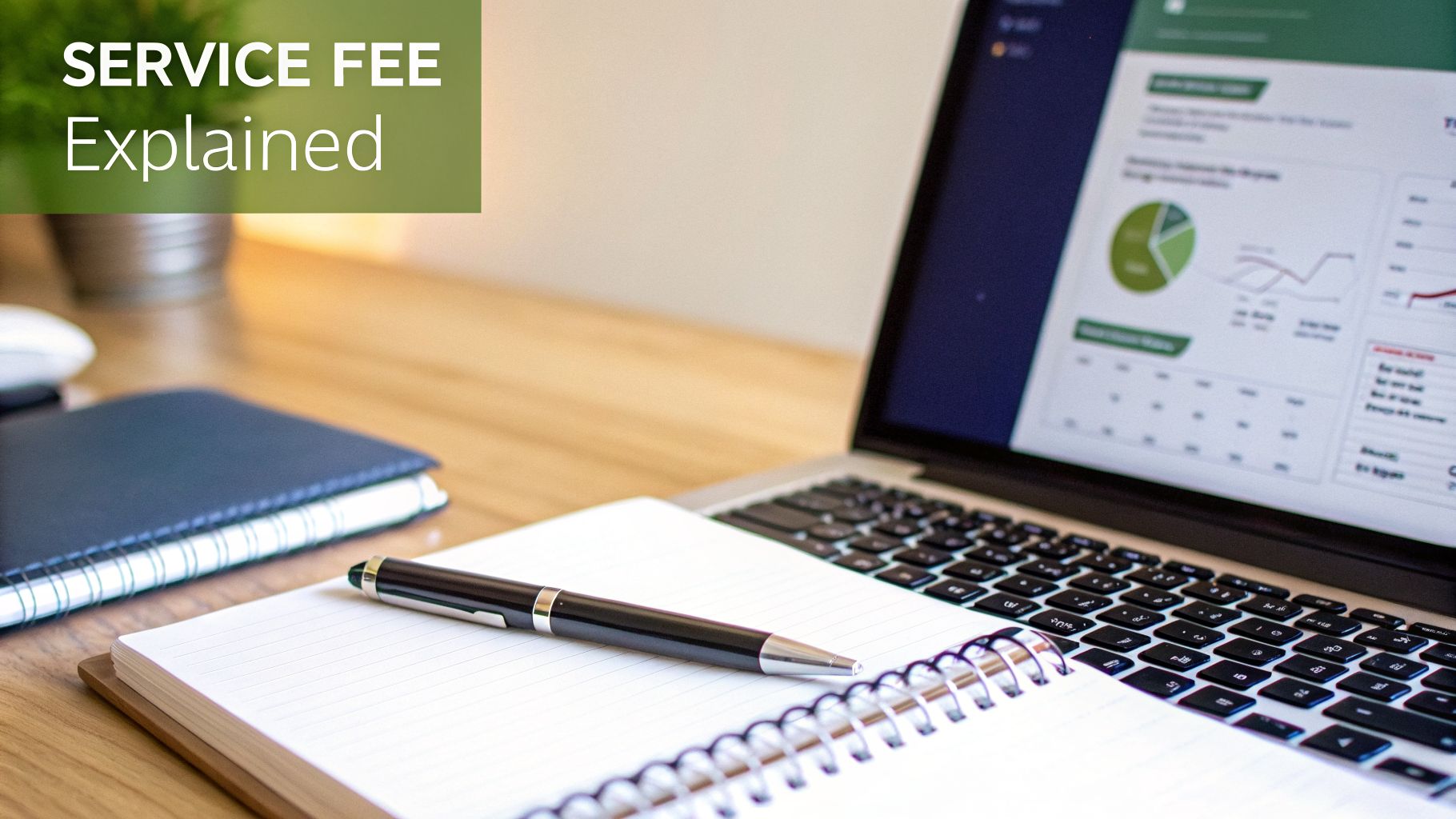 A desk with a laptop showing financial charts, an open notebook, and a pen, with 'SERVICE FEE Explained' text overlay.