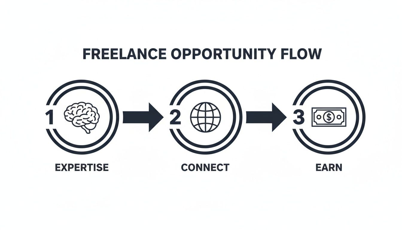 A three-step freelance opportunity flow: expertise, connect, and earn with corresponding icons.