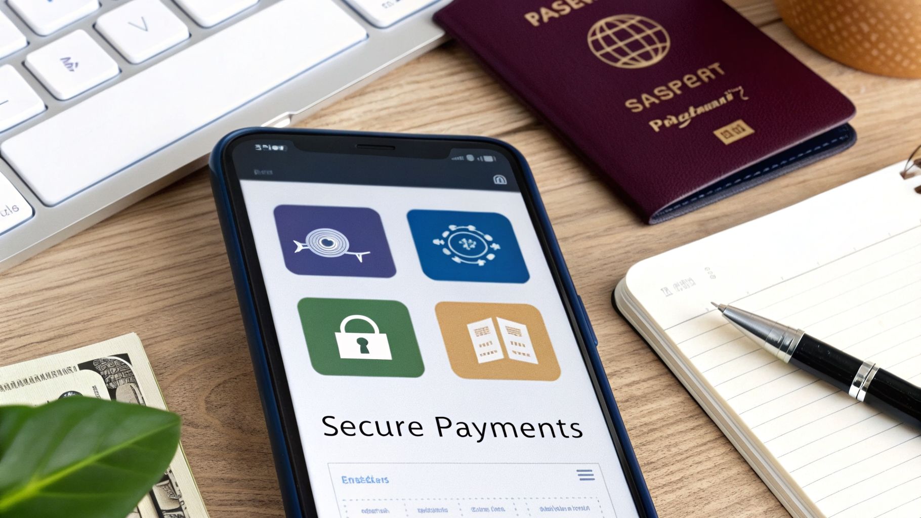 A smartphone displaying 'Secure Payments' on screen, alongside a keyboard, passport, notebook, and money.
