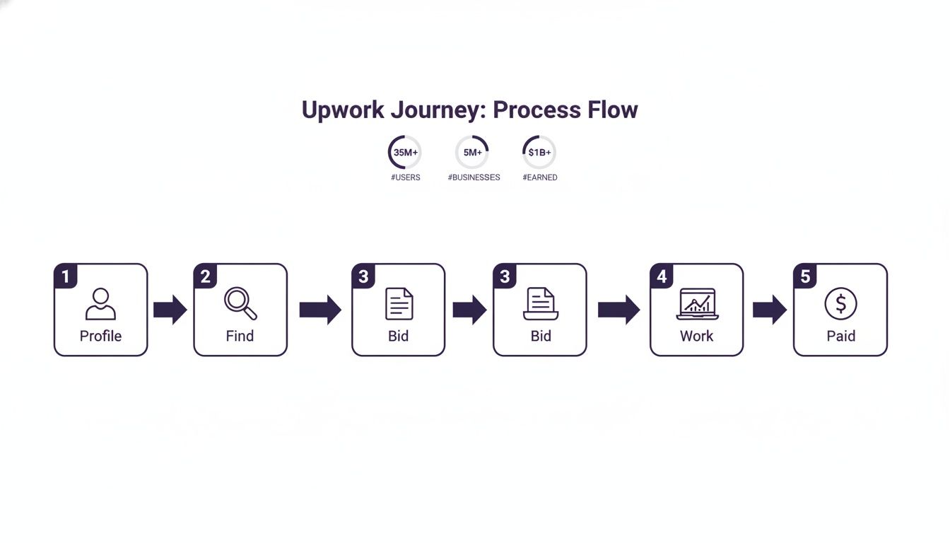 A flowchart detailing the Upwork journey process, from creating a profile to getting paid.