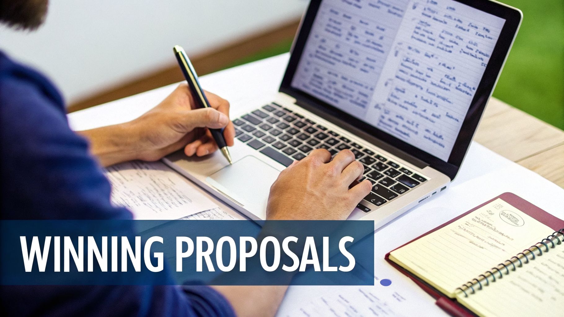 Close-up of a person multitasking, typing on a laptop and writing notes with a pen at a desk.