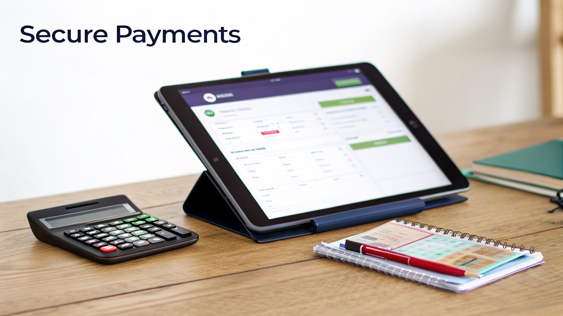 A tablet displaying a financial application, a calculator, and a notebook on a wooden desk.