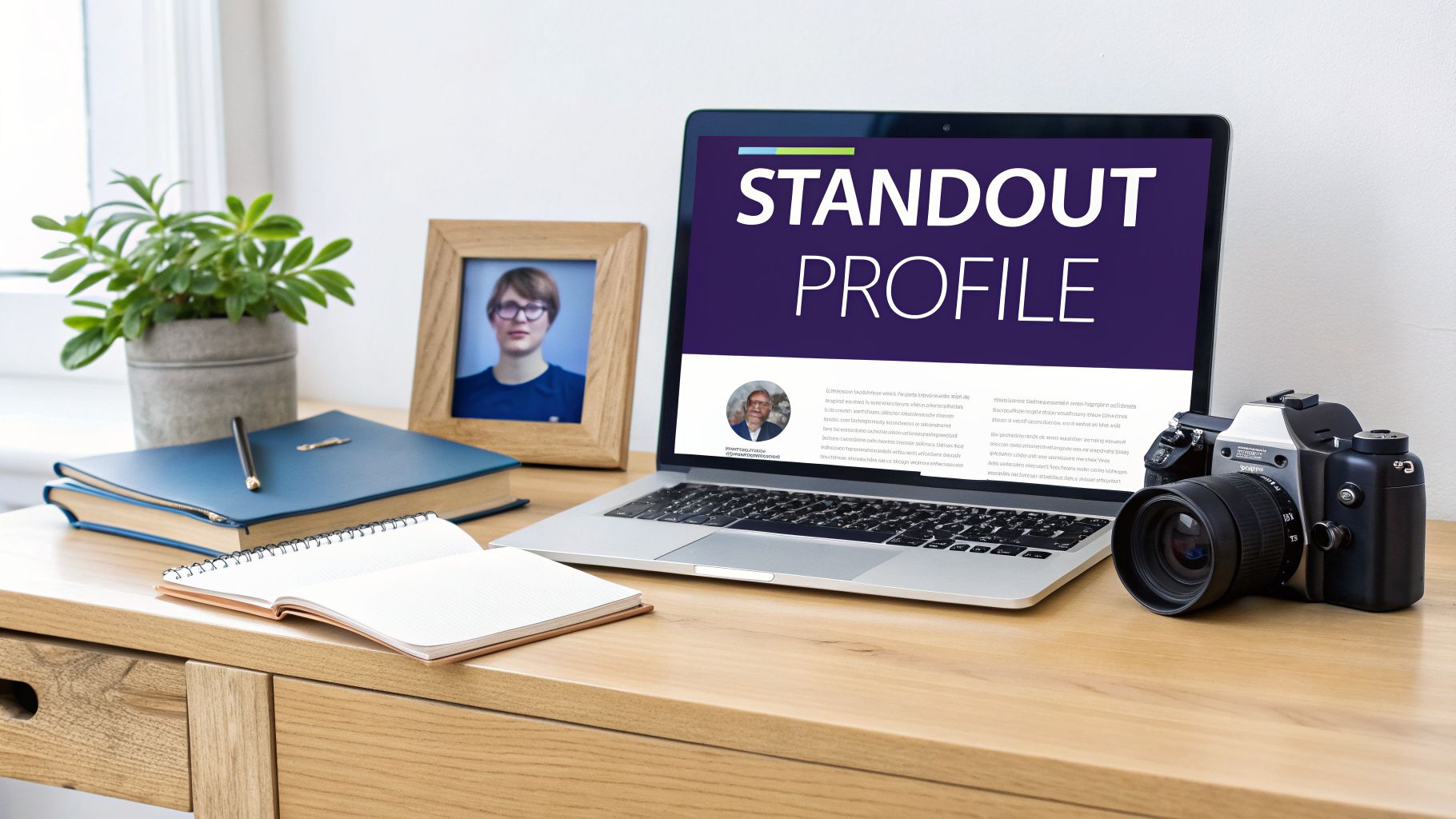 A workspace with a laptop displaying a profile page, a camera, books, and a framed photo on a desk.