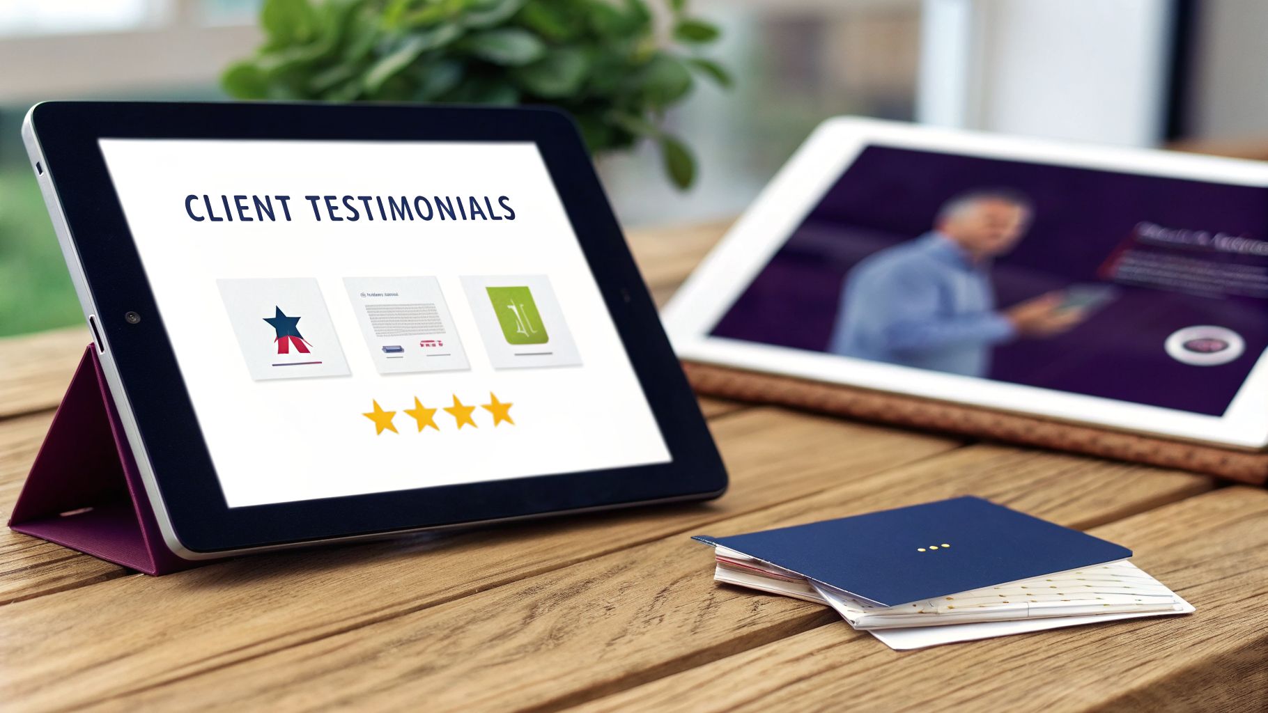 Two tablets on a wooden table, one displaying 'CLIENT TESTIMONIALS' with star ratings, the other blurred.