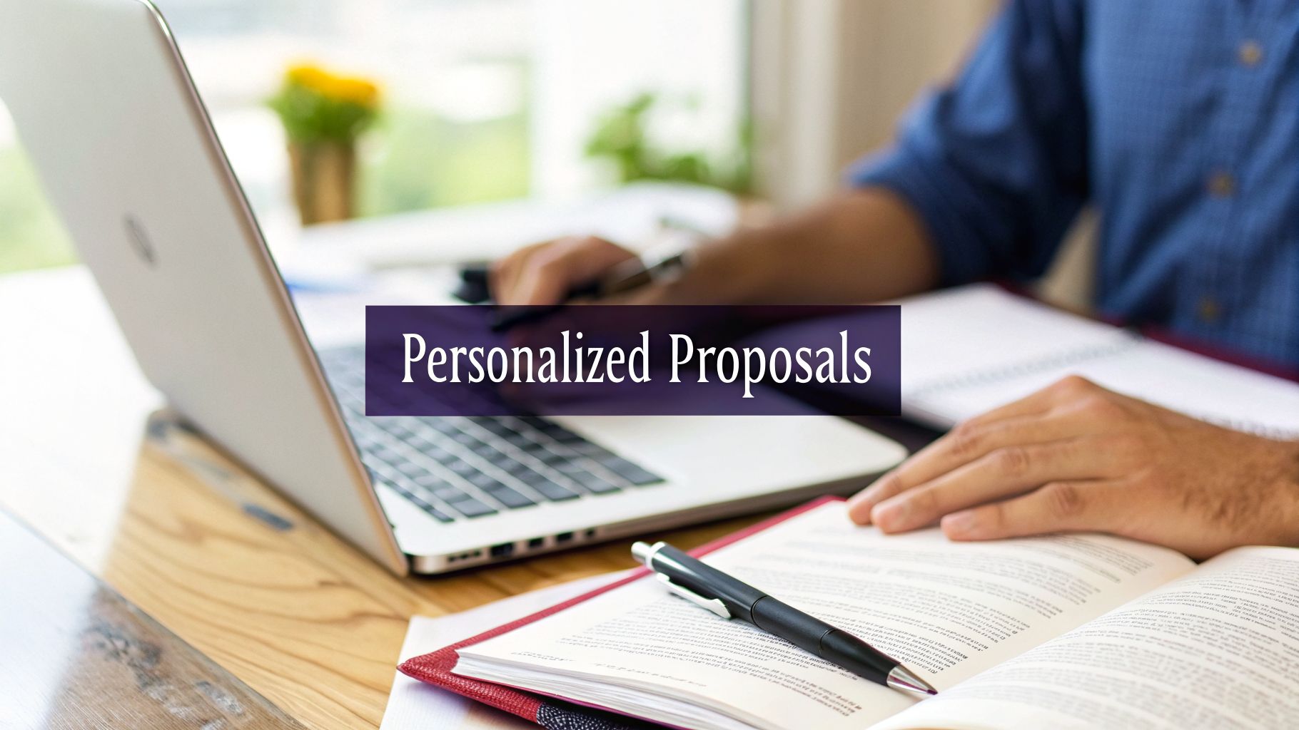 A person works on a laptop with an open book and pen on a wooden desk, featuring 'Personalized Proposals'.