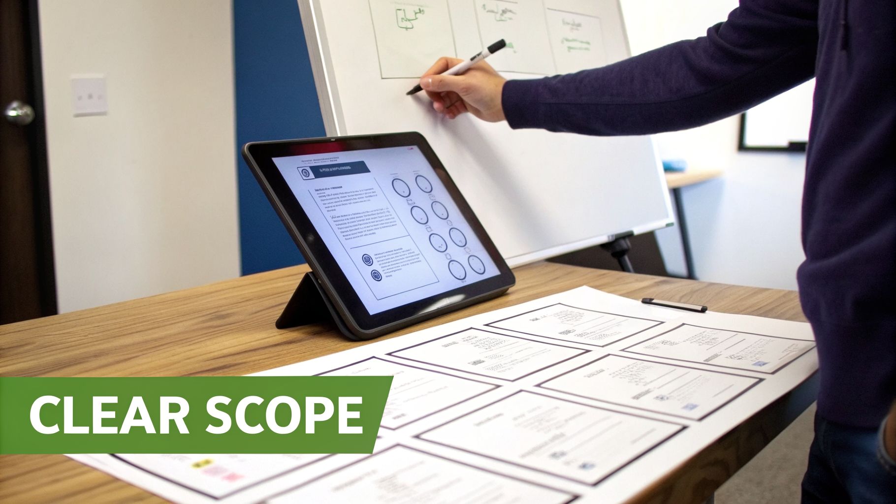 A person sketches app designs on a whiteboard, next to a tablet and paper prototypes on a desk.