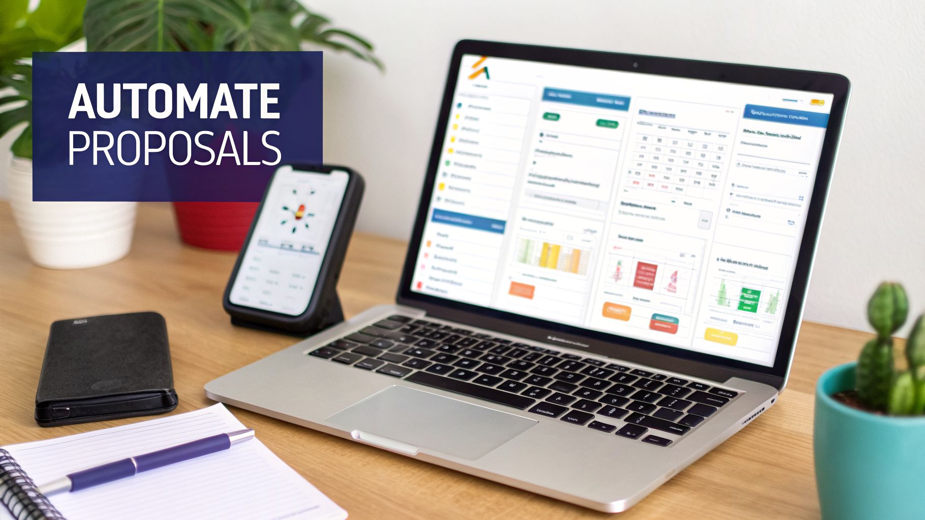 A desk with a laptop showing a data dashboard, a phone, notebook, and 'AUTOMATE PROPOSALS' text.