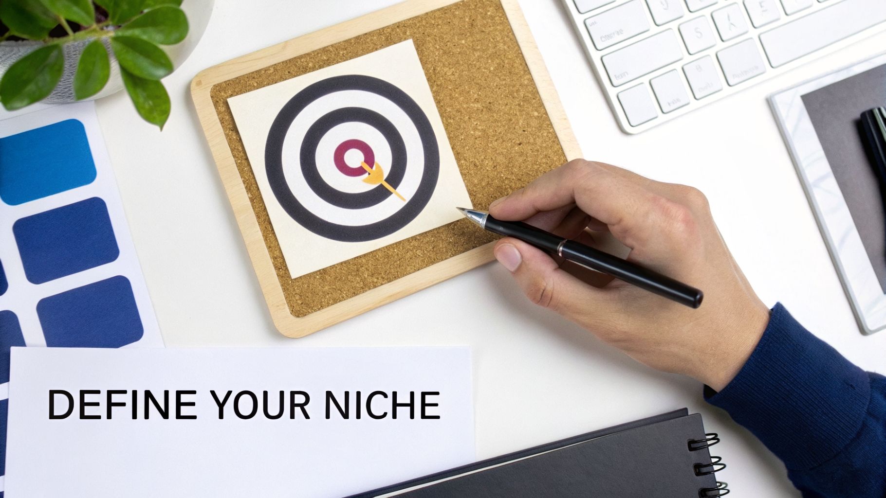 A hand holds a pen pointing at a bullseye target on a corkboard, next to a 'DEFINE YOUR NICHE' sign.