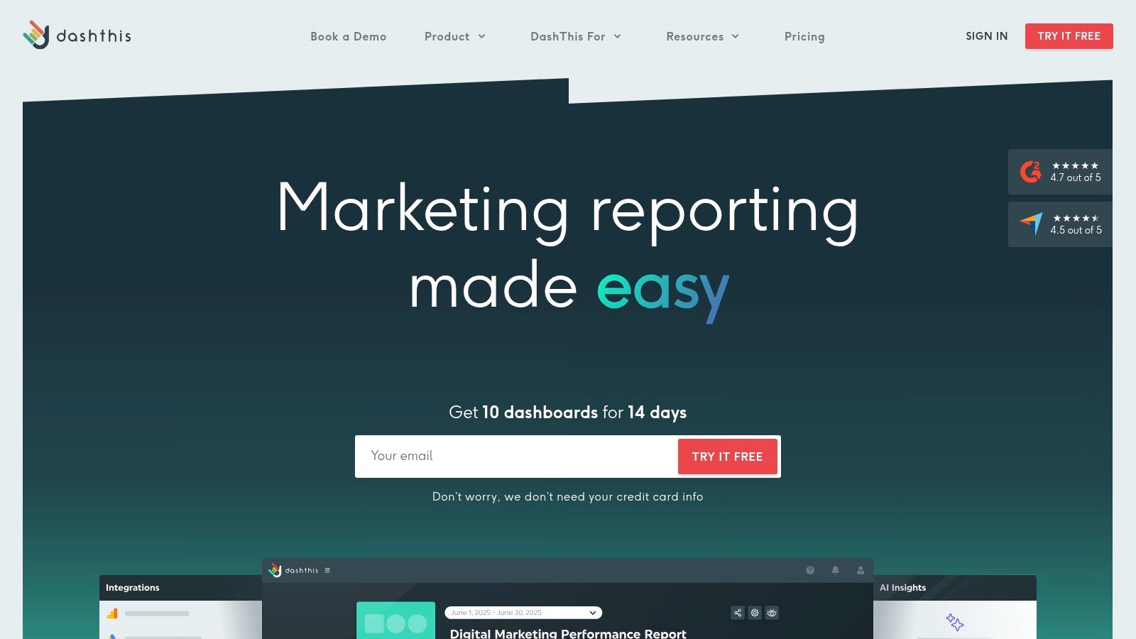 A sample SEO report dashboard created in DashThis, displaying metrics like sessions, clicks, and keyword performance in a clean, visual layout.
