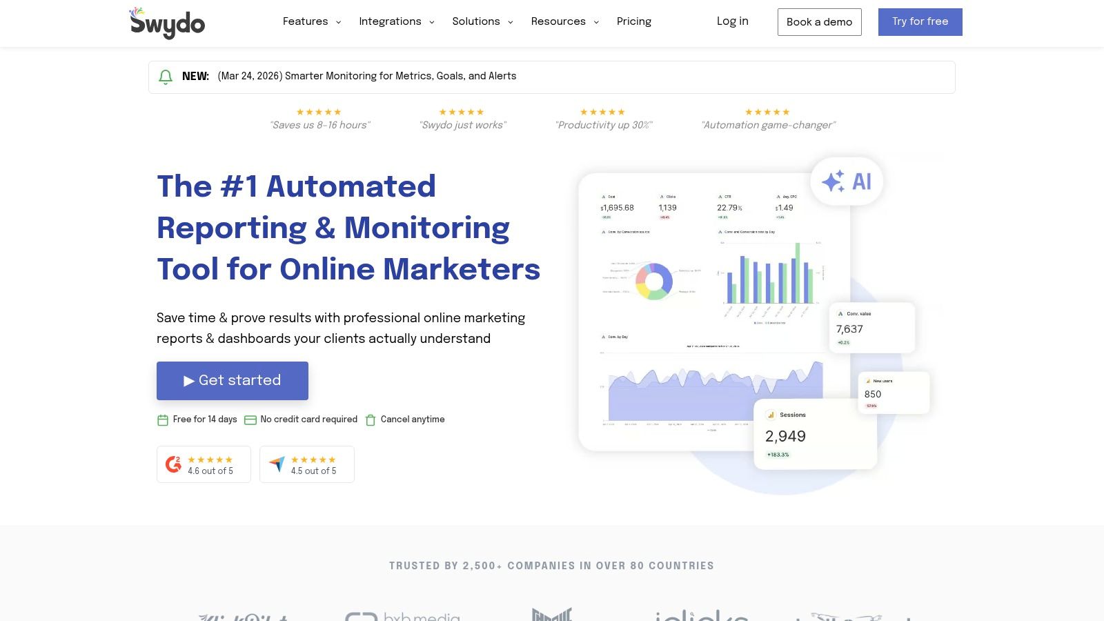 An example of a digital marketing report in Swydo, showing widgets for website traffic, conversions, and campaign performance.