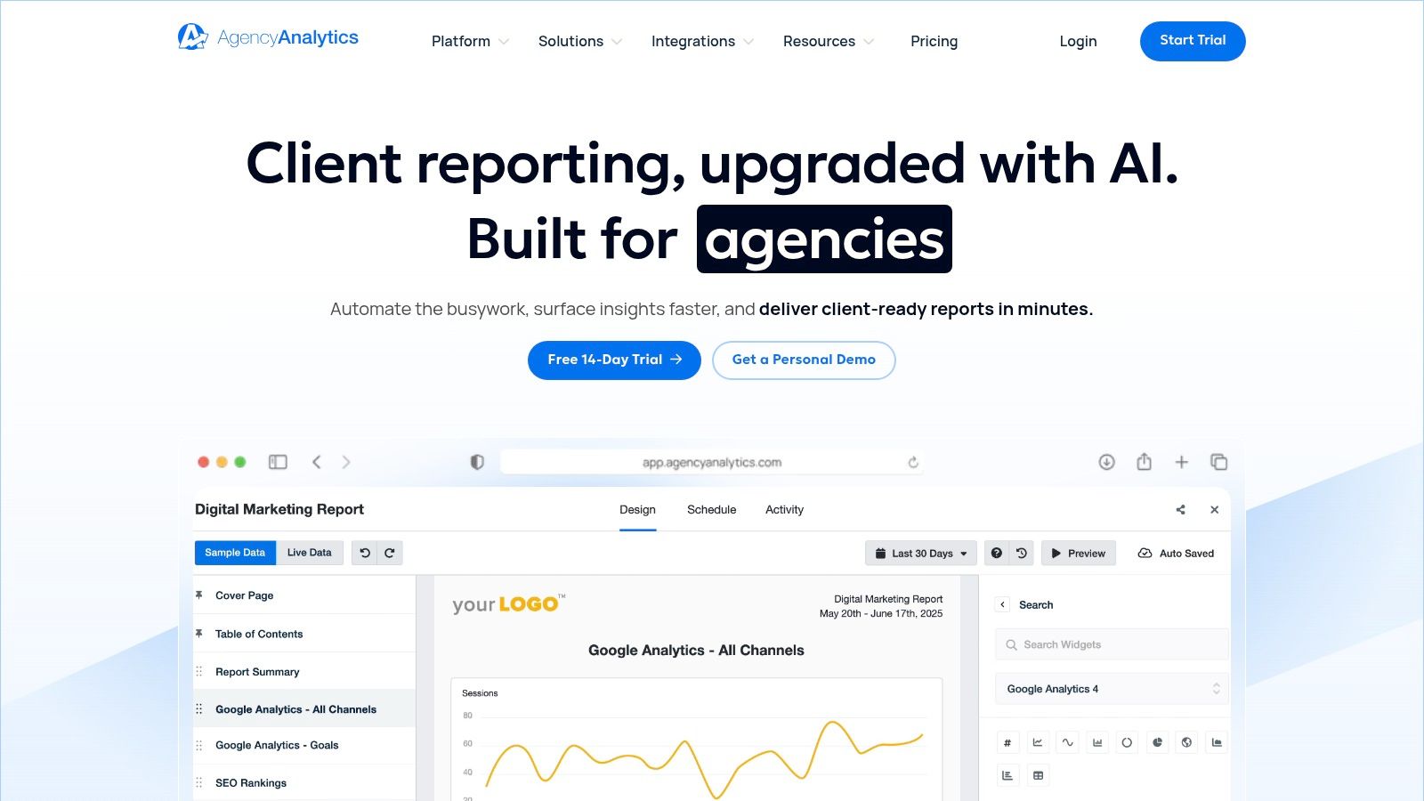 An example of an SEO report dashboard in AgencyAnalytics, showing widgets for organic traffic, keyword rankings, and site audit scores.