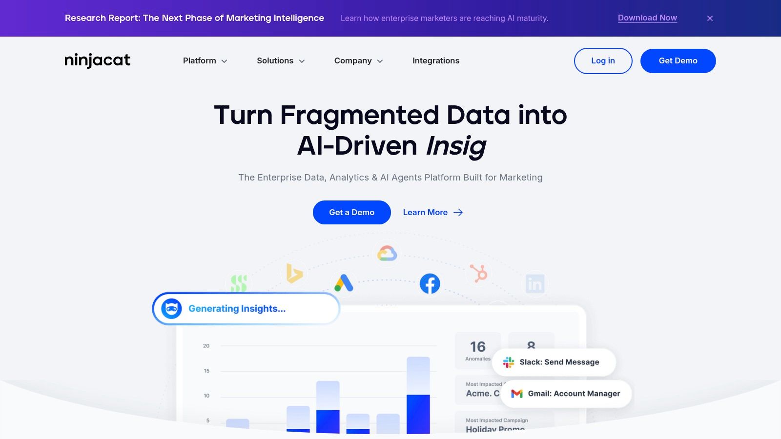 An example of a client-facing performance dashboard created in NinjaCat, showing various marketing KPIs.