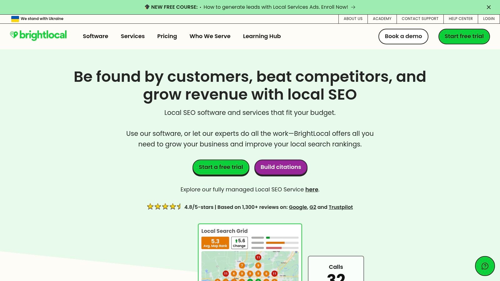 A sample local SEO report dashboard in BrightLocal showing location-specific data, including rank tracking, Google Business Profile insights, and review monitoring.