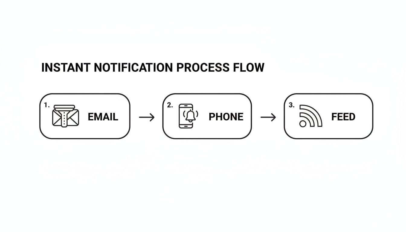A process flow diagram illustrating instant notification methods: email, phone, and feed.