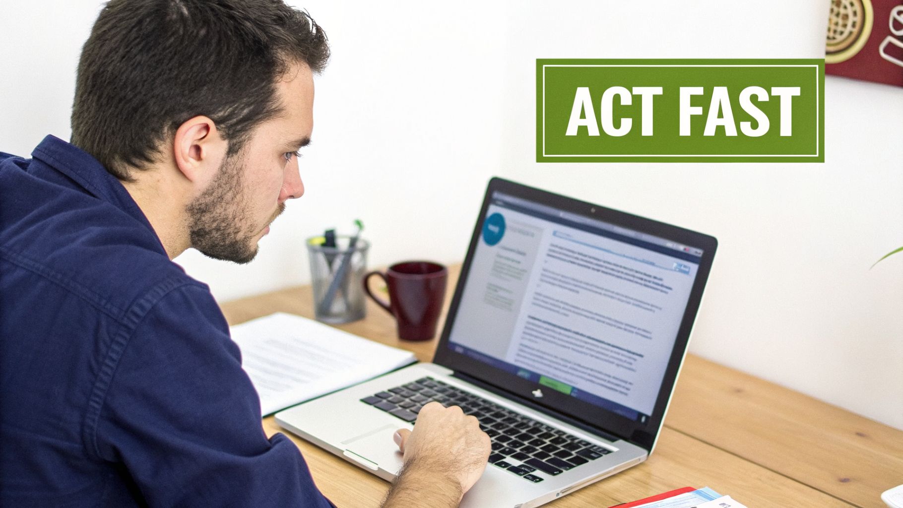A focused man with a beard works on a laptop at a wooden desk, with 'ACT FAST' text.