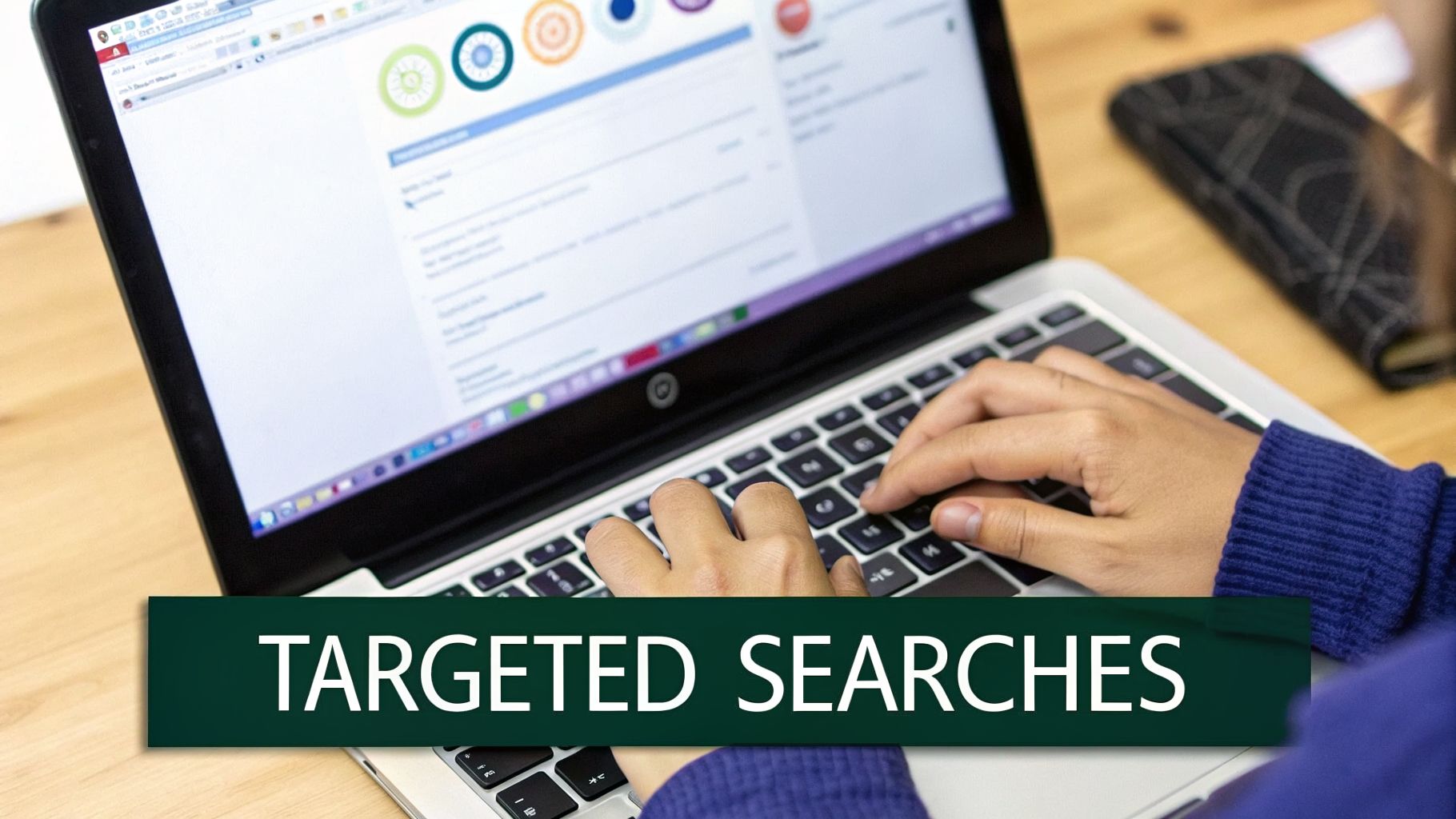 Person's hands typing on a silver laptop displaying a web interface, with a 'TARGETED SEARCHES' overlay.